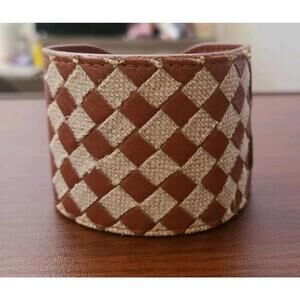 BOTTEGA VENETA Tan Brown woven leather and canvas INTRECCIATO Cuff Bracelet